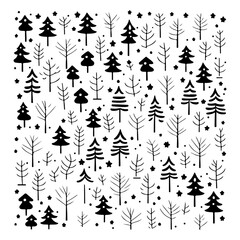 Stylized winter forest pattern with various tree shapes on white background