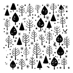 Whimsical arboreal arrangement of hand-drawn trees with snowy accents