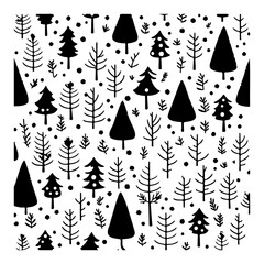 Stylized Monochrome Forest Pattern with Varied Tree Silhouettes and Details