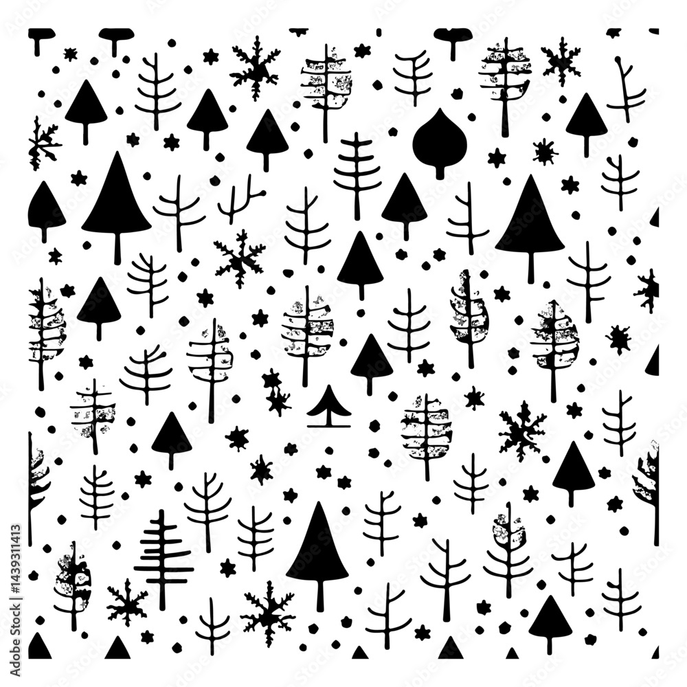 Poster Stylized monochrome forest pattern featuring assorted evergreen and deciduous trees