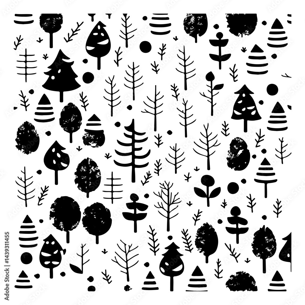 Poster diverse arboreal sketches creating a simple forest ecosystem visualization