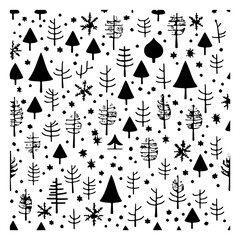 Stylized monochrome forest pattern featuring assorted evergreen and deciduous trees