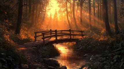Golden sunlight streams through forest, illuminating wooden bridge over creek