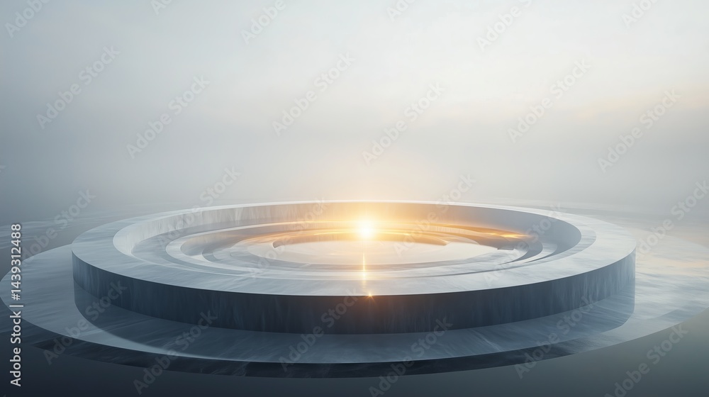 Poster clean abstract ai visualization, circular energy structure with glowing core, soft sunbeam entering 