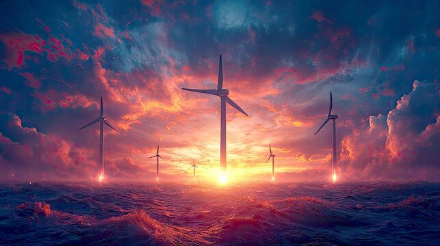 Windmills at Sunset: Clean Energy and Ocean Horizon