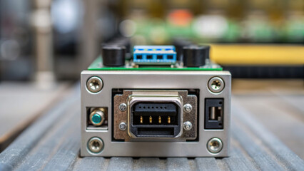 Fototapeta premium Close up of production line control facility component with electronic connectors and metal casing in manufacturing environment