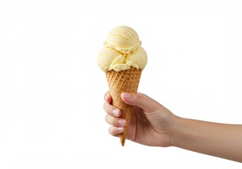 Hand holding a vanilla ice cream cone with three scoops on white background