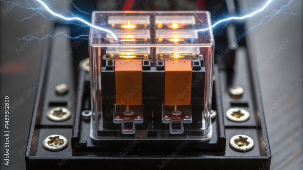 Poster electrical control device with glowing lights and sparks in production facility line ensuring precis