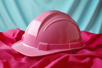 Close-up view of a pink safety helmet on fabric.