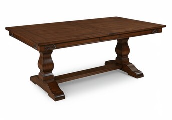 Dark wood dining table with pedestal legs on a white background
