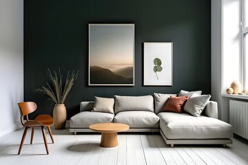 Living room features couch, chair, table, mountain view pictures