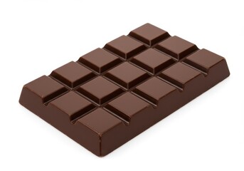 Single bar of dark chocolate with square sections on a white background