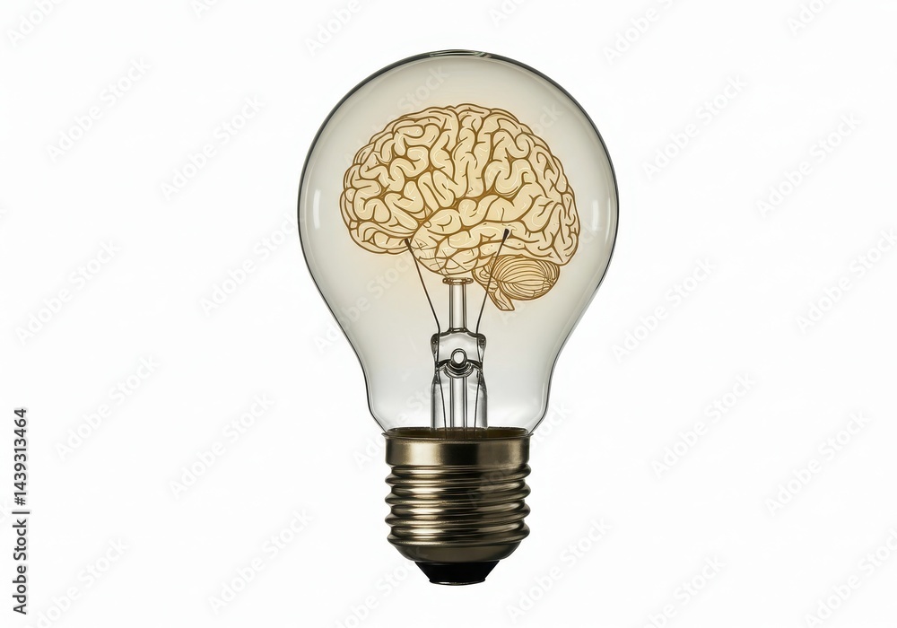 Poster brain inside lightbulb representing idea generation and innovation on white background