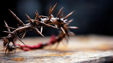 Religious crown of thorns on wooden surface, blurred background