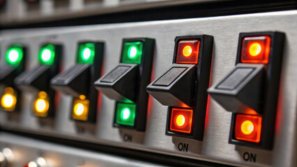 Switch controls on metal panel in production facility line showing operational status with green and red indicator lights