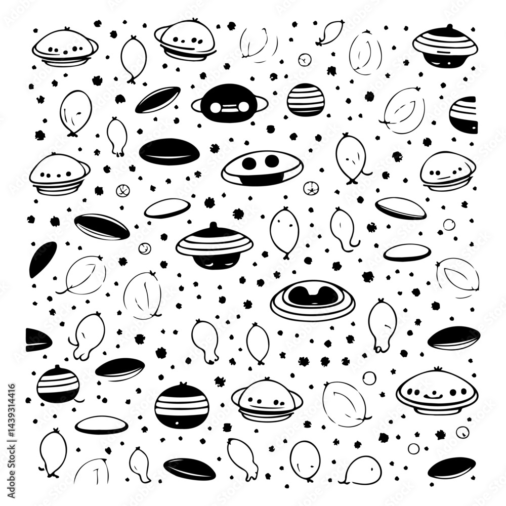 Poster cosmic doodles of planets, spaceships and celestial forms creating a playful pattern
