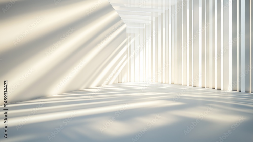 Poster futuristic minimal scene of ai processor, sun rays casting long shadows, white background with depth