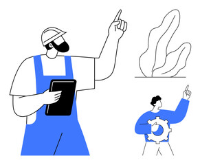 Construction worker pointing upward holding a tablet, engineer holding a gear for teamwork, abstract plant elements. Ideal for construction, teamwork, planning, engineering, collaboration