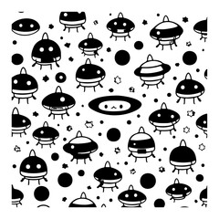 Playful alien spacecraft arrangement creates a visually appealing monochrome pattern