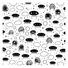 Playful monochrome alien and saucer pattern creating whimsically celestial atmosphere