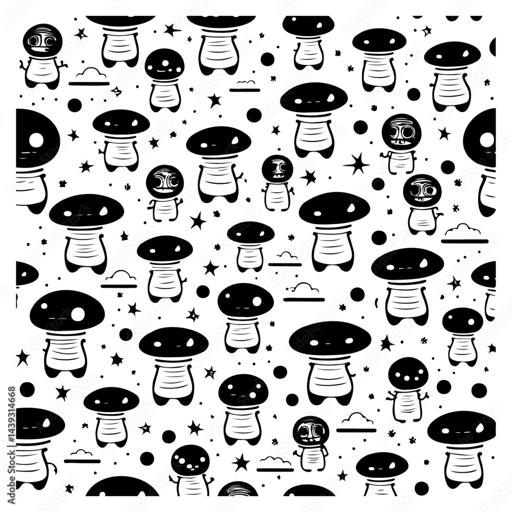 Poster enchanting mushroom and character pattern: a playful monochrome delight for designs