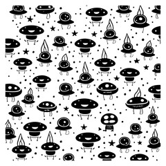 Whimsical monochrome pattern showcasing fanciful alien character variations and stars
