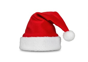 Santa hat with white fur trim and pom pom on a white background