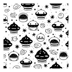 Whimsical Black and White Cartoon Doodle Seamless Pattern with Spaceships and Planets