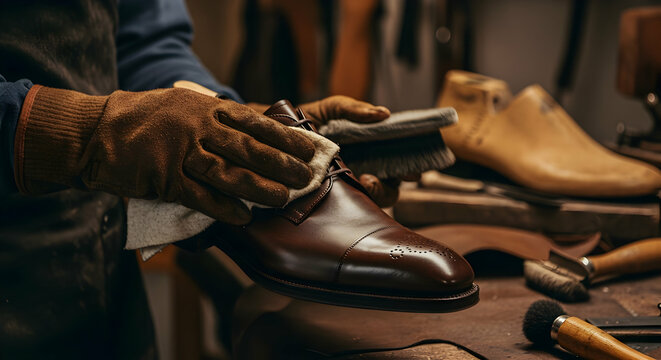 Skilled Cobbler Polishing Leather Shoes in Workshop  Artisan Craftsmanship Shoemaking Restoration Repair Handmade Footwear