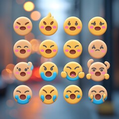 Emoji images express various emotions. Various emoticon emoji badges on blue background