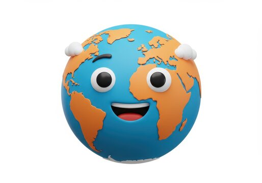 Cartoon earth globe with a happy face and clouds on a white background