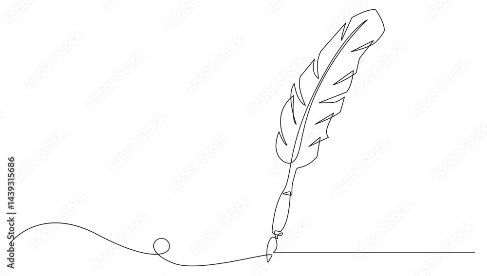 Poster continuous one line vector drawing of feather for writing. bird feather in simple minimal outline st