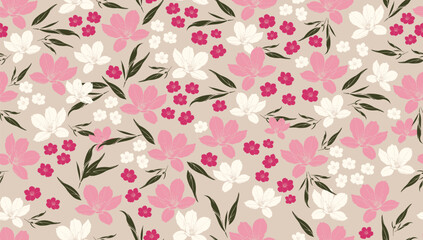 Cute Pink Flowers Seamless Pattern. Vector Floral Template Design. Minimal Trendy Contemporary Botanical Design for Prints, Textile, Fabric, Posters, Invitations, Branding Design.
