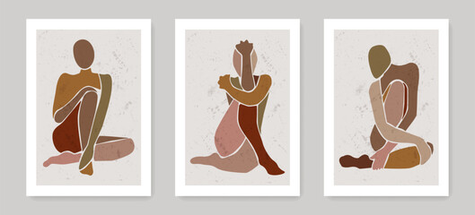 Abstract Wall Art Template Set Woman Body in Trendy Hand Drawn Style. Female Silhouette Vector Background Minimalist Bohemian Style for Wall Art, Social Media, Banners, Posters, Cards, Prints.
