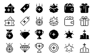 Exclusive benefit, prize, incentive, reward pixel icons set vector illustration