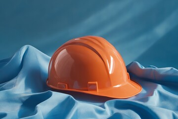 Orange safety helmet resting on blue fabric.