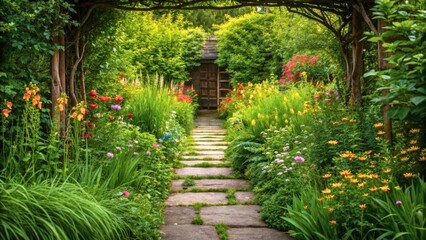 Fototapeta premium Serene Garden Pathway Surrounded by Lush Flowers and Greenery Under Natural Archway