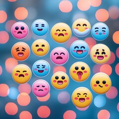 Emoji images express various emotions. Various emoticon emoji badges on blue background