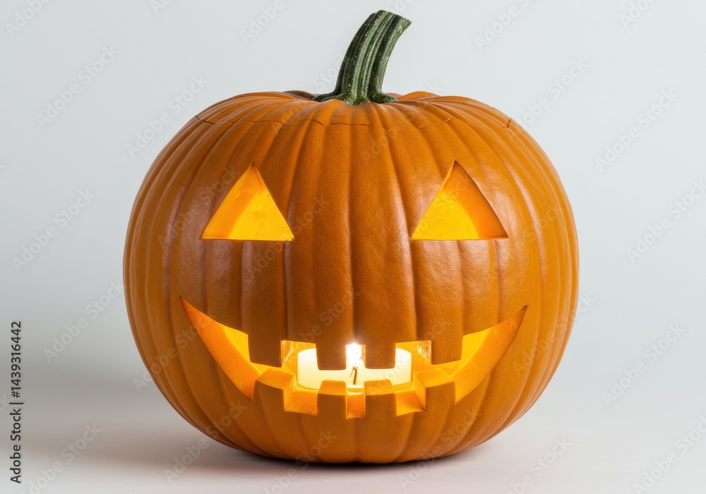 Poster illuminated jack-o'-lantern with triangular eyes and a toothy grin on a white background