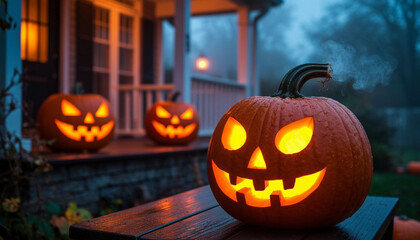 Fototapeta premium Glowing pumpkins, halloween. AI generated.