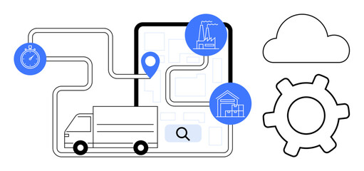 Truck driving along a route marked on a map with factory icons, stopwatch, cloud, and gear. Ideal for logistics, delivery, route planning, supply chain shipping efficiency and technology. Flat