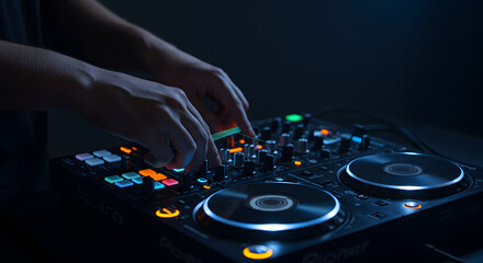 Obraz premium Close-up DJ Hands Mixing Music on Illuminated Console in Dark Studio