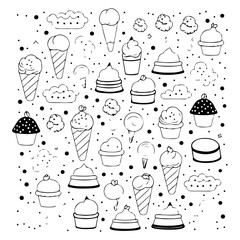Delightful dessert doodles: A playful pattern of sweets and frozen treats icons