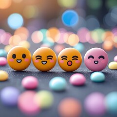 Emoji images express various emotions. Various emoticon emoji badges on blue background