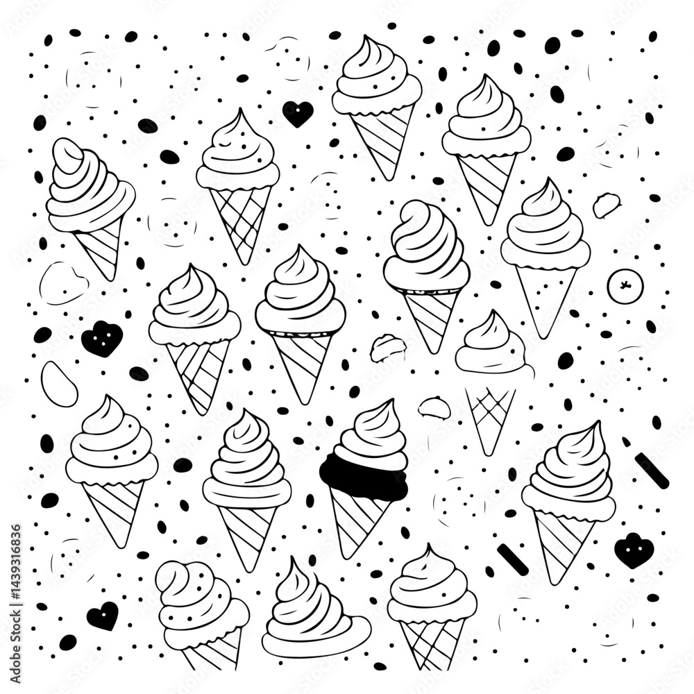 Poster delightful array of hand-drawn ice cream cones in a whimsical monochrome style