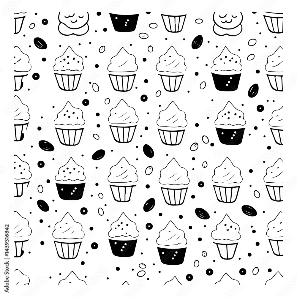 Poster whimsical cupcakes doodles in a seamless monochrome pattern design creating a delightful culinary ex
