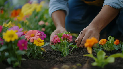 Fototapeta premium Hands Planting Colorful Flowers in a Garden
