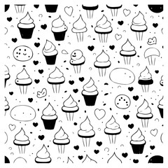 Delightful confectionery doodles: Whimsical cupcake and treat pattern in monochrome