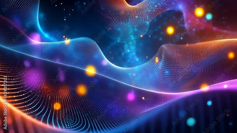 Poster dynamic abstract waves and sparkling light motion in vibrant cosmic colors