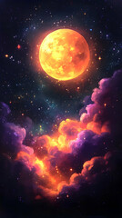 A celestial view of the luminous moon shining over the colorful clouds and the sparkling stars in the dark night